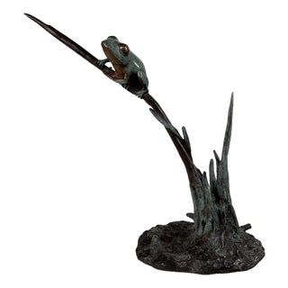 Bronze Frog Fountain Sculpture, 30” Tall, Verdigris Garden Water Feature For Sale