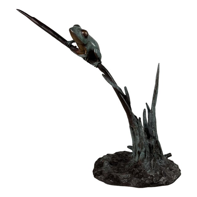 Bronze Frog Fountain Sculpture, 30” Tall, Verdigris Garden Water Feature For Sale
