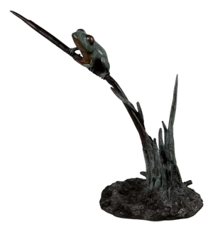 Bronze Frog Fountain Sculpture, 30” Tall, Verdigris Garden Water Feature