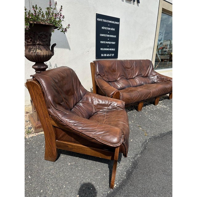 Wood Brutalist Leather Living Room Set, 1970, Set of 3 For Sale - Image 7 of 16