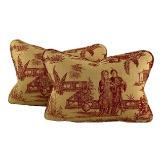 Designer Covington 5th Avenue Designs Gold Red "Les Chinois" Asian Chinoiserie Oriental French Country Toile Pillow Covers- Pair For Sale