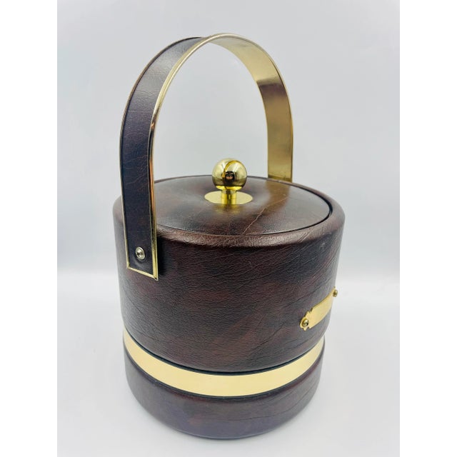 Vintage Georges Briard Coffee-Colored Faux Leather & Golden Accented Ice Bucket For Sale - Image 9 of 12