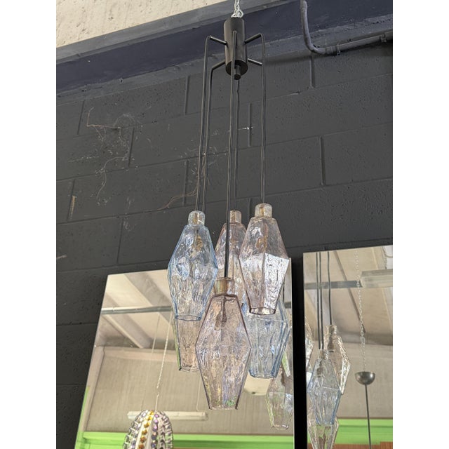 Six-light pendant lamp, large polyhedron-style glass diffusers in amethyst and light blue, metal frame, and overhauled...