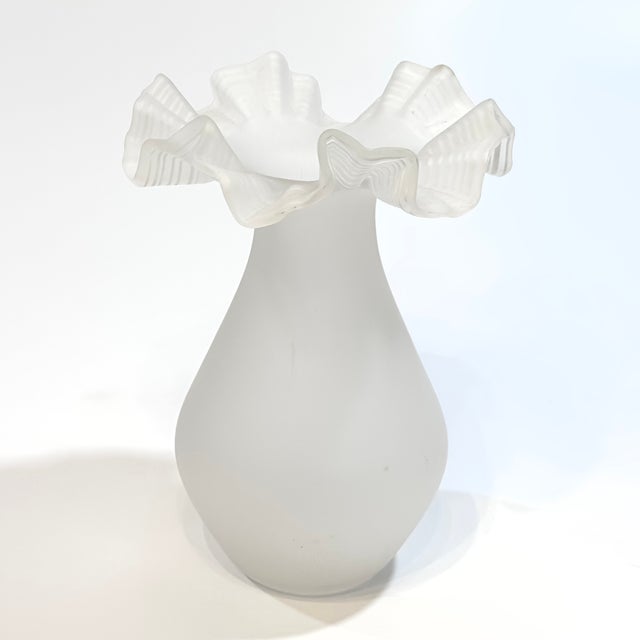 Mid-Century Modern Rare White Frosted Glass Vase With Eye-Catching Ruffled Top Circa 1980s For Sale - Image 3 of 13