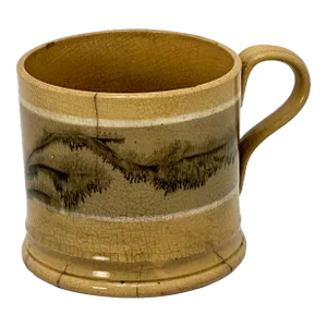 Rare Full Size Antique English Black Seaweed Decorated Yellow Mocha Ware Mug - Circa Mid 1800s