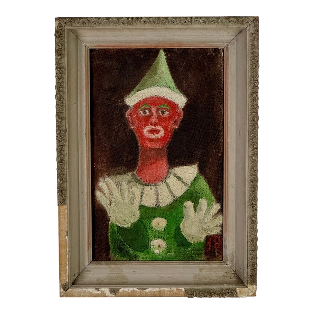 Vintage Folk Art Oil on Woven Fabric Painting of Red Faced Circus Clown in Green Suit, Signed J D For Sale