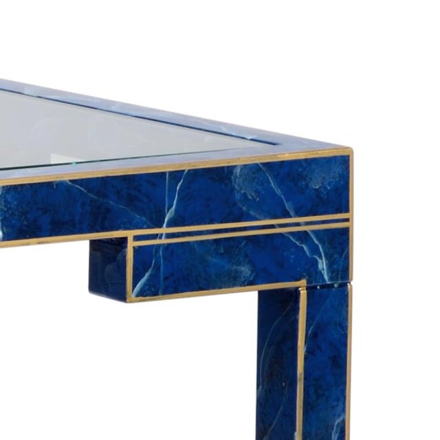 Lapis blue lacquered wood with gold trim and with plain clear glass