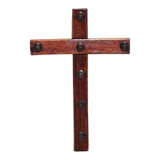 Rustic Handcrafted Oak Wall Cross With Decorative Clavos For Sale
