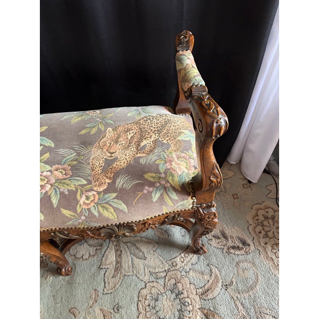 Wood Late 20th Century Louis XV Style Carved Wood Window Bench in Leopard & Floral Tapestry For Sale - Image 7 of 12