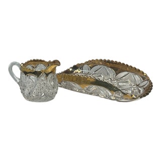 Antique Eapg "Heart With Thumbprint" Gilt Glass Creamer & Bowl Set For Sale