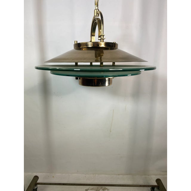 Mid Century Modern Brass and Frosted Glass Flying Saucer Style Chandelier For Sale - Image 9 of 11
