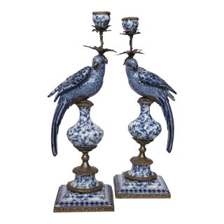 White & Blue Bird Candelabra, Pair For Sale