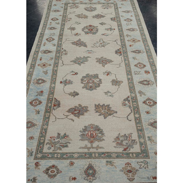 Modern Turkish Oushak Rug Beige, Green & Rust Handwoven Wool Rug 4'6" X 9'3" For Sale - Image 3 of 9