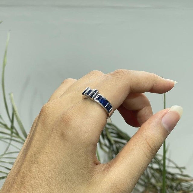 Geometric Sapphire Band Ring in 925 Sterling Silver for Her, Size 6 For Sale - Image 10 of 15