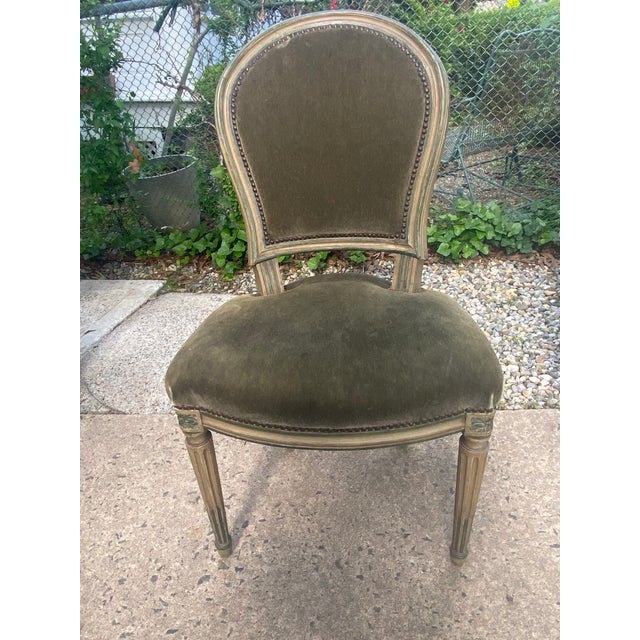 Classic set of 6 Maison Jansen style wooden painted dining chairs having fluted legs with rosette joints and straight...