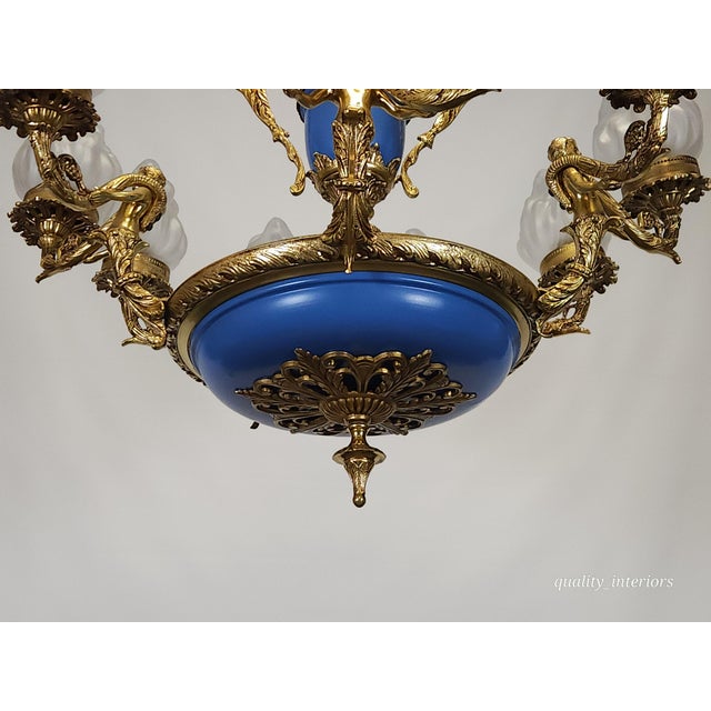 Antique Regency Regal Royal Blue Empire Cherubs Holding Torches Brass Chandelier For Sale - Image 10 of 12