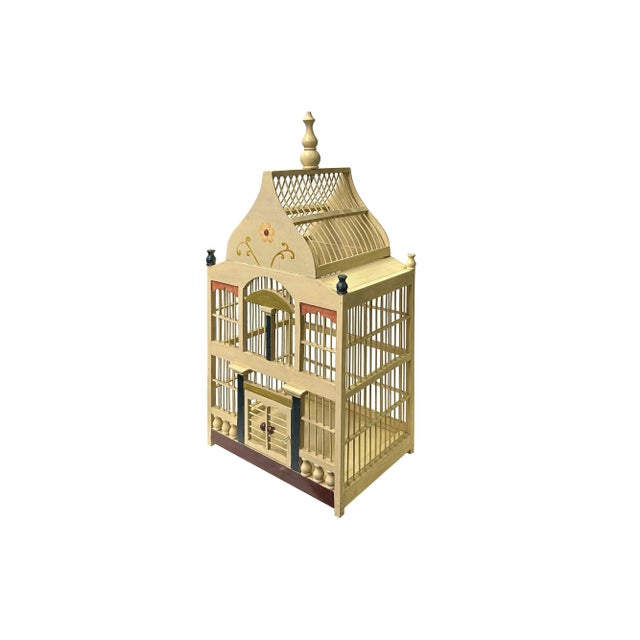 Traditional Western House Shape Light Cream Color Wood Birdcage Display For Sale - Image 3 of 9