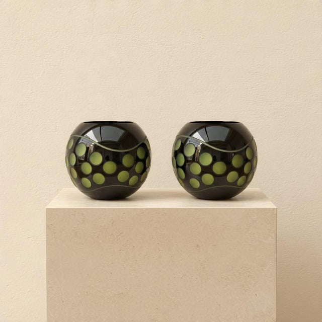Glass Vintage Black Glass Globe Candle Holders Pair-Green Polka Dot-Mid Century Modern For Sale - Image 7 of 8