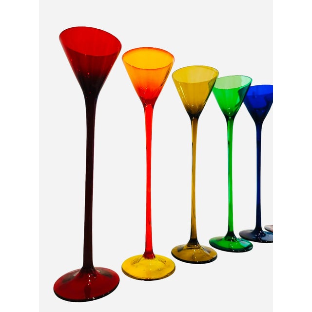 Vintage Colorful Stemware 10" Tall Glass Flutes Set of 6 For Sale In Tampa - Image 6 of 10