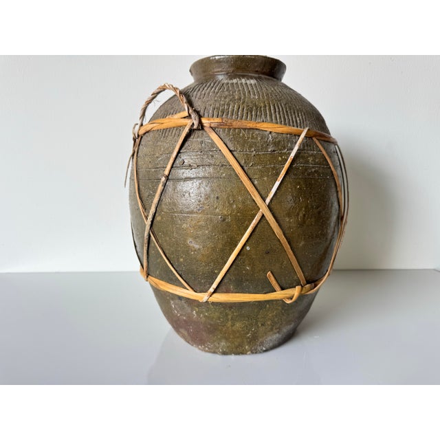 1980s Vintage Rustic Clay and Rattan Vase For Sale - Image 4 of 11