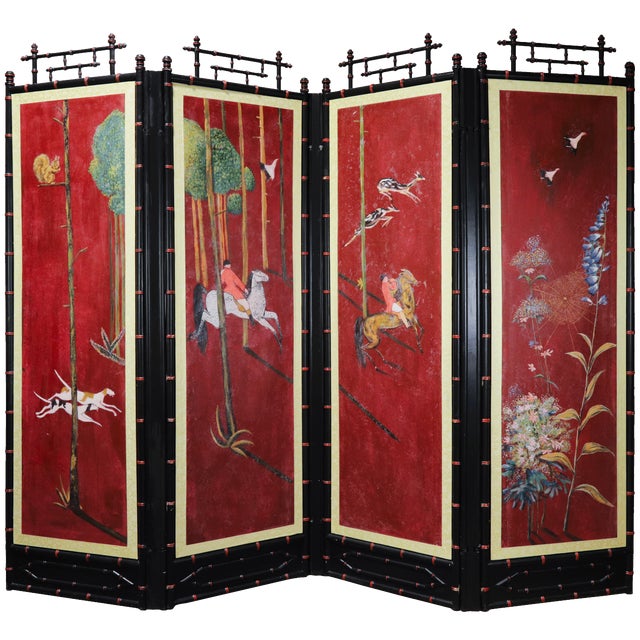 Vintage Chinoiserie Four-Panel Folding Screen – Hand-Painted English Hunting Scene With Black Faux Bamboo Frame For Sale - Image 16 of 17