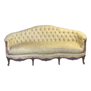 Vintage French Button Back Tufted Sofa With Gold Damask Fabric For Sale