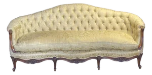 Vintage French Button Back Tufted Sofa With Gold Damask Fabric
