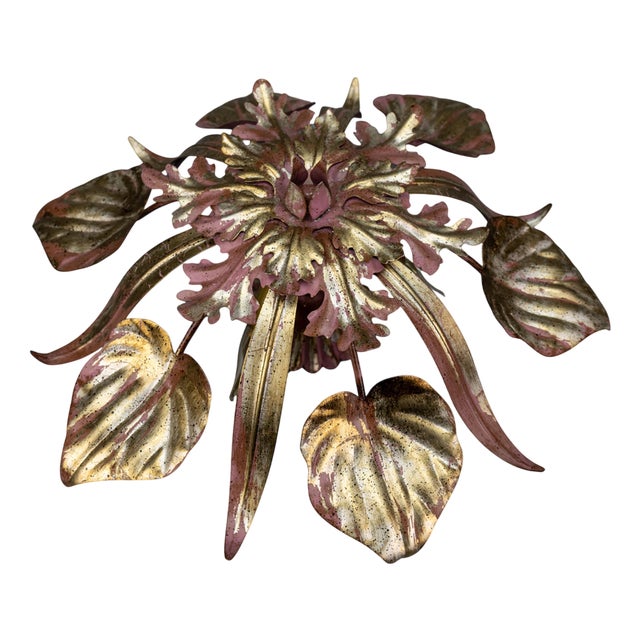 Hollywood Regency Style Golden and Purple Metal Three-Light Leaf Ceiling Lamp For Sale