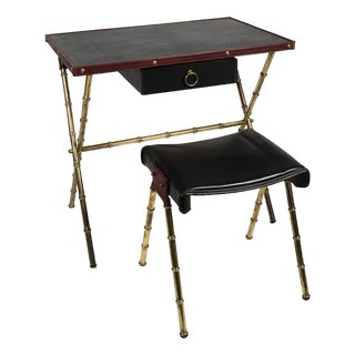 Desk with Leather Sheathed Stool by Jacques Adnet, 1950, Set of 2 For Sale