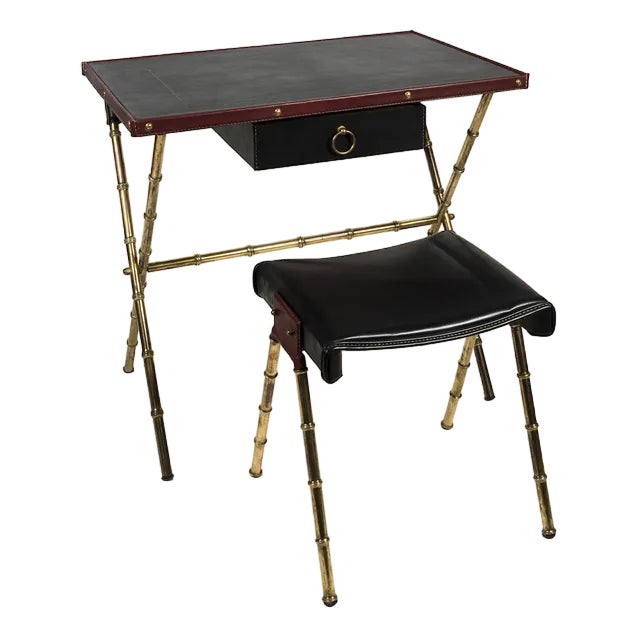 Desk with Leather Sheathed Stool by Jacques Adnet, 1950, Set of 2 For Sale
