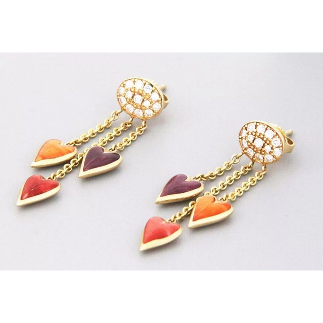 Contemporary Kabana Diamond Spiny Oyster Gems 14k Yellow Gold Hearts Dangle Earrings, 2 Pieces For Sale - Image 3 of 5