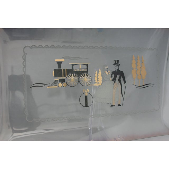 Mid 20th Century Mid-Century Large Iridescent Clear Glass Tray Black & Gold Victorian Scene For Sale - Image 5 of 10