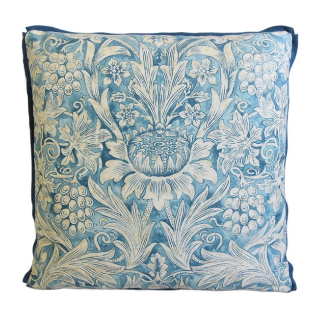 Custom-tailored pillow in William Morris & Co "Sunflower" linen fabric. Tan-colored woven cotton fabric back. Custom-...