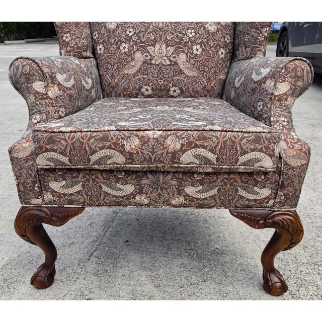Wood Vintage Hickory Chair Co Wingback William Morris Strawberry Thief Fabric For Sale - Image 7 of 18