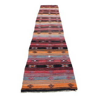 1970s Rustic Style Hand Knotted Stripe Design Oushak Kilim Runner Rug For Sale