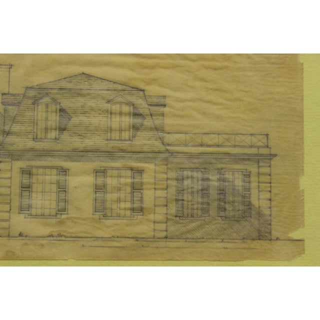 Architectural rendering on parchment paper depicting an imposing French style residence Drawing Sz: 4 1/4"H x 13"W Frame...