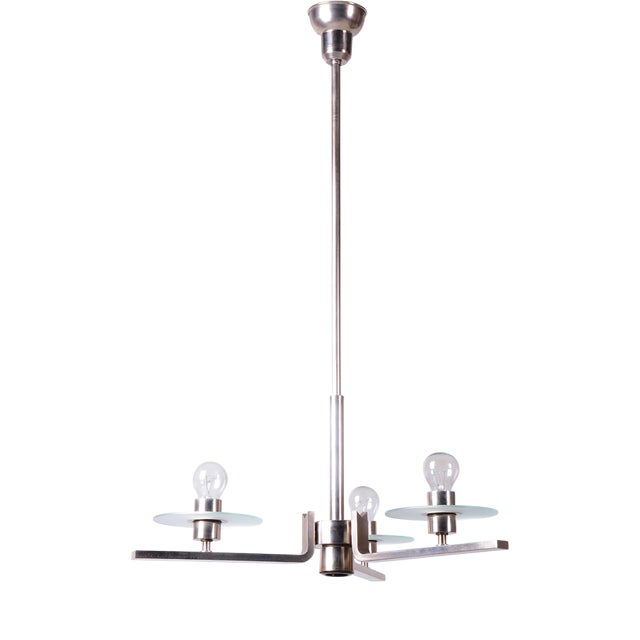 Bauhaus Chandelier in Nickel-Plated Steel and Opaline Glass, Czech, 1930s For Sale