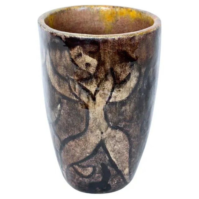 Lively Handmade Cereste Oblong Glazed Ceramic Vase, 1950s. Featuring three female figures hand painted in Black line with...