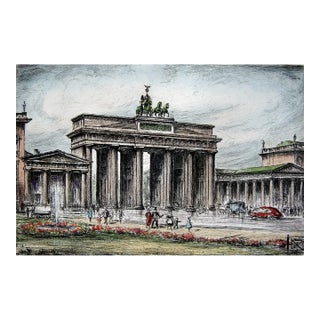 1952 Brandenburg Gate Berlin Germany Colored Etching For Sale