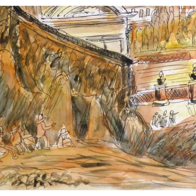 Warm and lively watercolor and ink painting of a small group of people on the fringes of a small Italian village, circa...