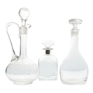 1960s Vintage Set of 3 Glass Etched Spirits Liquor Wine Decanters