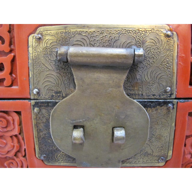 Large Chinese Cinnabar Lacquer Heavily Carved Dragon Motif Wood Box Chest For Sale - Image 12 of 16