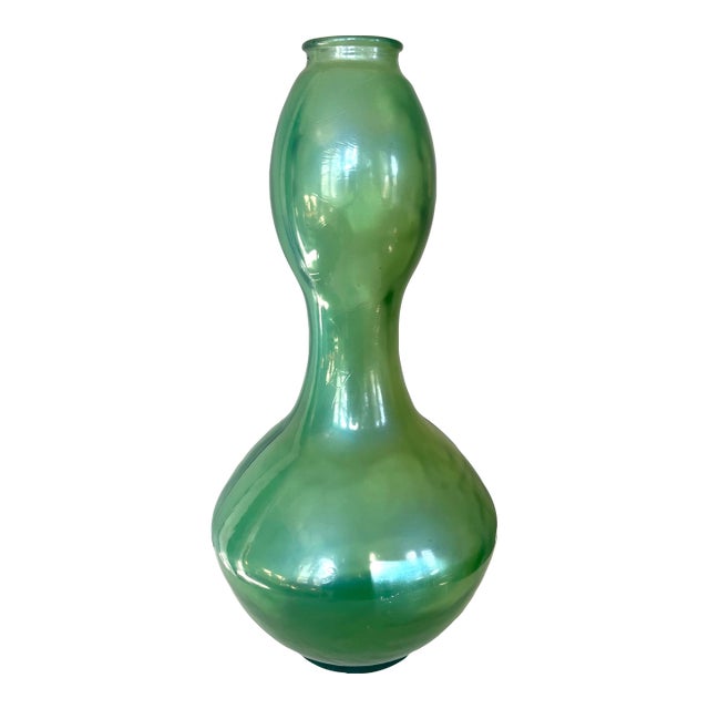 Large Mid-Century Vintage Green Iridescent Vase For Sale