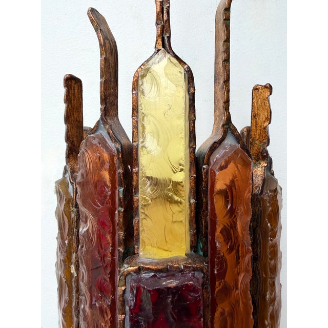 Mid-Century Modern 1970s Hammered Glass Wrought Iron Sconces by Longobard, Italy - a Pair For Sale - Image 3 of 13