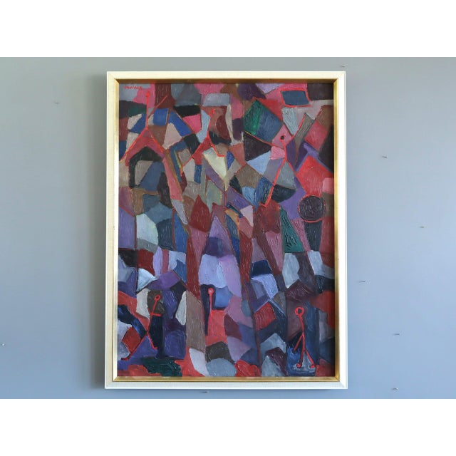 A GATHERING ACROSS PLANES Size: 30.7 x 23.2 inches (including frame) Oil on canvas A striking mid-century composition that...