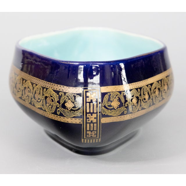 De Sarreguemines Antique Neoclassical French Sarreguemines Majolica Cobalt Blue & Gilt Oval Centerpiece Bowl For Sale - Image 4 of 10