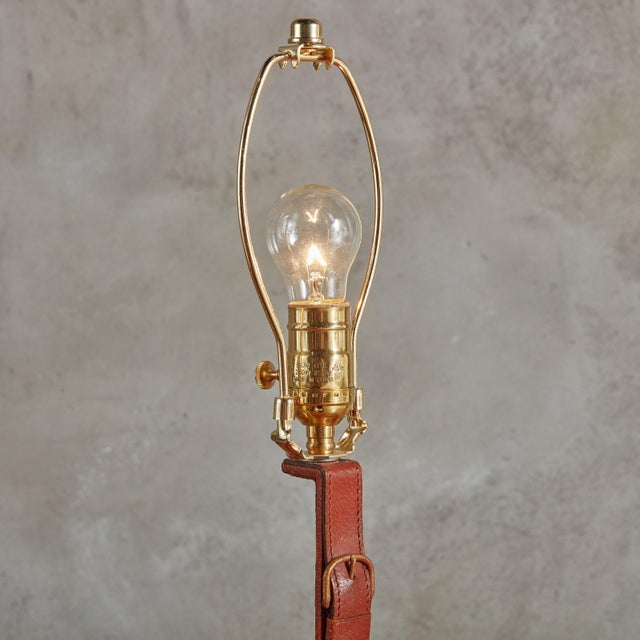 Modern Leather + Brass Table Lamp by Longchamp, France 1950s For Sale - Image 3 of 10