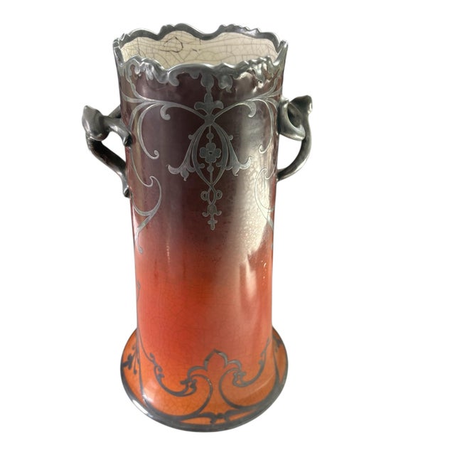 Ceramic Antique Art Nouveau Warwick Pottery Silver Overlay Vase For Sale - Image 7 of 11