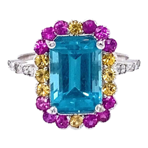 4.62 Carat Apatite Sapphire Diamond 14 Karat White Gold Cocktail Ring, Size 10