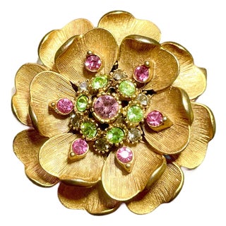 Florenza MCM Multi-Tiered, Botanical Floral Brooch Green and Pink Stones For Sale